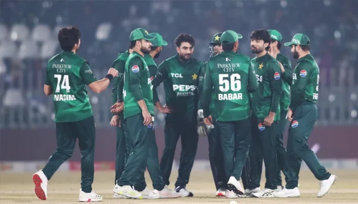 Pakistan players celebrate after taking wicket against Sri Lanka during their Tri-Nation series match at Rawalpindi Cricket Stadium, Rawalpindi, December 1, 2025. — PCB